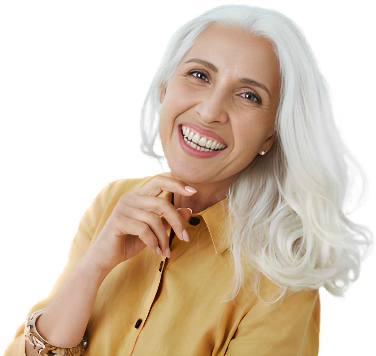 Mulher de cabelo branco sorrindo